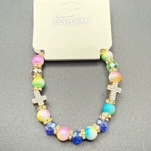 Blossom Beaded Stretch Bracelet Rainbow Cross Charm Gold Tone Rhinestone